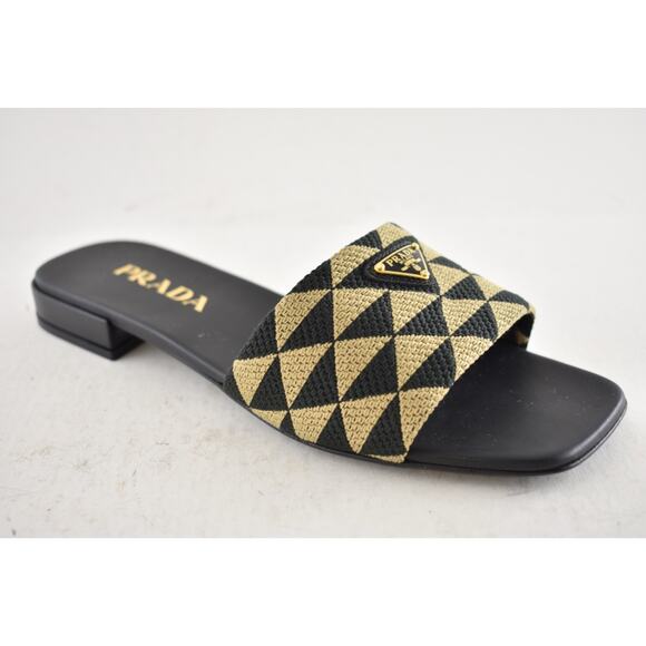 Prada Jacquard Triangle Logo Black Beige Tan Leather Slide Sandal Flat Mule 37.5 - Picture 6 of 16